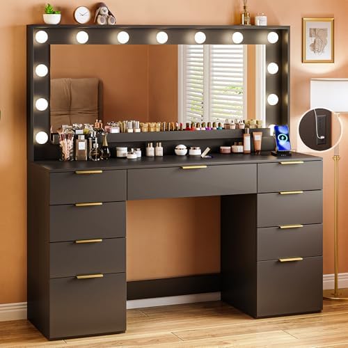 Vanity Desk with Large Mirror and Lights, 45.3in Makeup Vanity with Power Outlet 9 Drawers & Storage, 3 Lighting Color Adjustable, Black