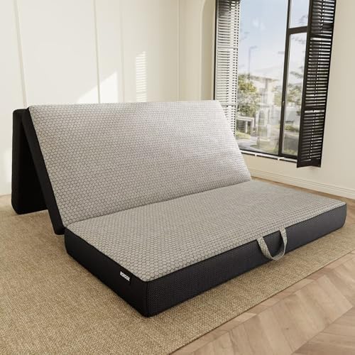 Memory Foam Trifold Mattress - Queen Portable Floor Bed 6 Inch, Foldable Mat with Washable Cover, Handle & Non-Slip Bottom, for RV, Travel, Camping, Yoga, 78"x58"x6"
