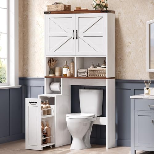 Farmhouse Over The Toilet Storage Cabinet with Pulley Small Bathroom Storage Cabinet, Space Saver W/Adjustable Shelf & Open Shelf for Bathroom, Restroom, Laundry (White Brown-Type B)