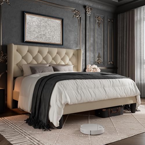 Queen Size Bed Frame with Button Tufted Upholstered Headboard, Platform Bed Frame w/Sturdy Base Supports, Noise Free, No Box Spring Needed, Easy Assembly, Beige