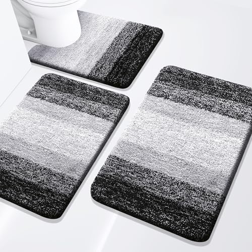 Arotive Bathroom Rugs Set 3 Piece, Extra Soft and Absorbent Bath Rugs, Machine Wash Dry Bath Mats for Bathroom, Toilet, Tub and Shower, 24x16, 30x20 and U-Shaped 24x20, Black