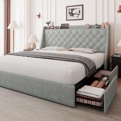 Feonase Queen Size Bed Frame with 4 Storage Drawers, Upholstered Storage Bed with Charging Station, Tufted Wingback Headboard, No Box Spring Needed, Light Grey, FEO737