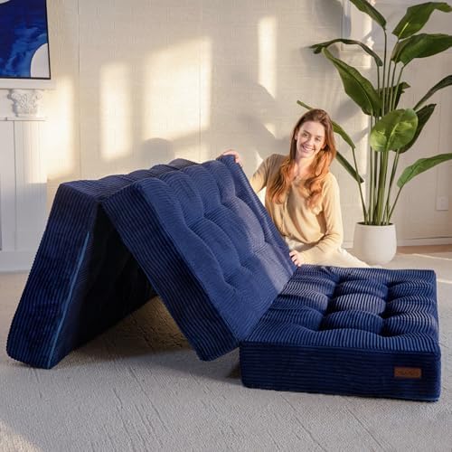 MAXYOYO Tri-Fold Mattress, 6 Inch Tufted Folding Futon Foam Bed, Foldable Floor Mattress Guest Bed Futon Topper Portable Camping Sleeping with Corded Fabric, Navy, 35.4"x75"