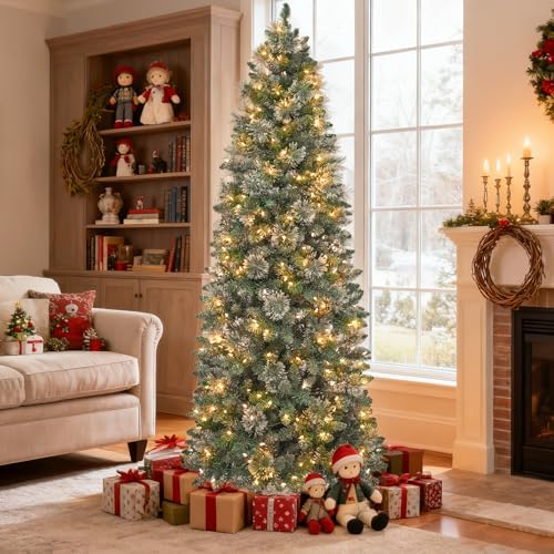 Hykolity 7.5ft Artificial Pre-lit Pencil Christmas Tree, Slim Christmas Tree with 300 Warm White LED Lights, 792 PVC Tips, Foldable Metal Stand and Hinged Branches