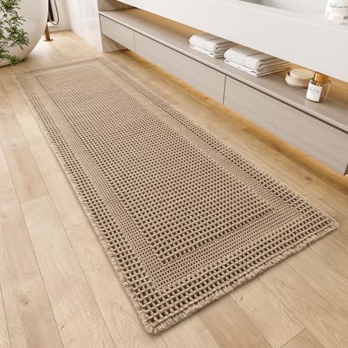 AMOAMI Waffle Bath-Mat, Absorbent Bath Mats for Bathroom Non Slip, Machine Washable Bathroom Rugs with Tassels Ultra Soft Boho Bath Rugs for Floor 2'x6'(24"x72") Beige