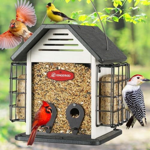Kingsyard Bird Feeder for Outdoor Hanging, Recycled Plastic 3 in 1 Mixed Seeds Suet Feeder, Double Suet Cages Mesh Sunflower Bird Feeder, 3 LBS Large Capacity for Finch Cardinal Chickadee, White