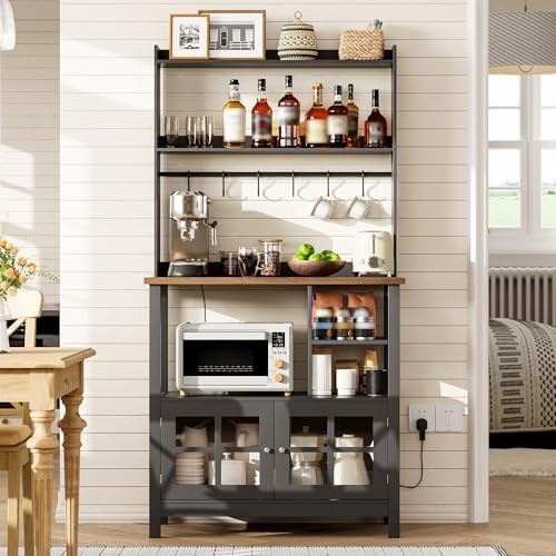 ChooChoo Farmhouse Coffee Bar Cabinet with Storage, Bakers Rack with Power Outlets, Microwave Stand Kitchen Cabinet with Hutch and 6 Hooks, Black