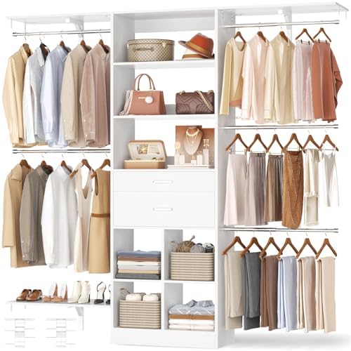 5FT Closet Organizer System with Wooden Drawers, 60 Inches Walk In Closet System With 5 Hanging Rods, Can Fit 1.58 to 6.8 FT with Reversible Hanging Shelving, White