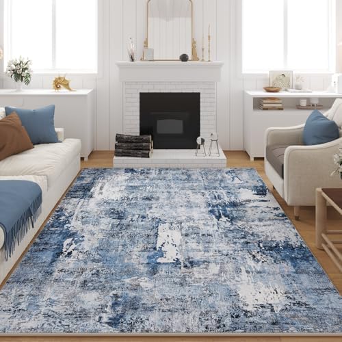 Rugcomf 9x12 Rug Washable Boho Rug Soft Large Area Rug Non-Slip Non-Shedding Faux Wool Vintage Rug for Living Room, Farmhouse, Dining Room, Indoor, Kids Playroom, Blue