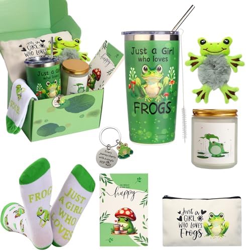 Frog Gifts for Women Frog Lovers Stuff Gifts Include Hair Tie 20oz Tumbler Mug Keychain Makeup Bag Candle Socks Bracelet Card for Women Christmas Birthday