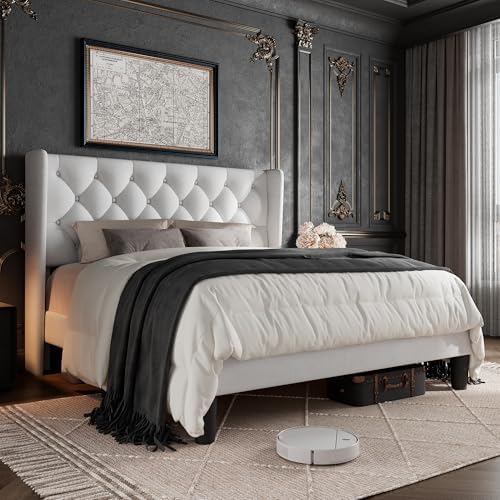 Queen Size Bed Frame with Button Tufted Headboard, Upholstered Platform Bed Frame with UnderBed Storage, Wooden Slats Supports, Noise Free, No Box Spring Needed, Easy Assembly, White