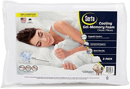 Serta Gel Memory Foam Pillows (Set of 2) Standard 20”x26” Cooling Technology Plus Bonus Pillow Protectors-(Set of 2)