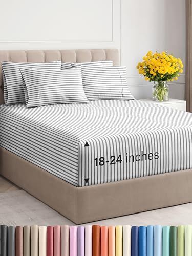 Extra Deep Queen Sheet Set - 6 Piece Breathable & Cooling Sheets - Hotel Luxury Bedding Set w/18-24 Inch Extra Deep Pockets - Easy & Secure Fit - Soft, Wrinkle Free & Comfy - Grey Stripes, Queen Size