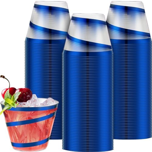 Gejoy 9 oz Rimmed Swirl Plastic Cups Disposable Wine Drinking Cups Clear Elegant Halloween Tumblers for Christmas Party Supplies(Blue,100 Pcs)