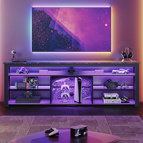 Bestier Tall LED TV Stand for 70/75/80 inch TV, Modern Black Marble Entertainment Center with Storage for PS5, Gaming Console for Living Room & Bedroom
