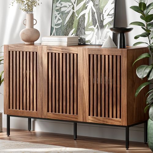 Buffet Cabinet, Modern Credenza Storage Cabinet with Adjustable Shelves and Metal Base, 47 Inch Wood Multifunctional Console Table for Kitchen, Living Room, Entryway, Brown