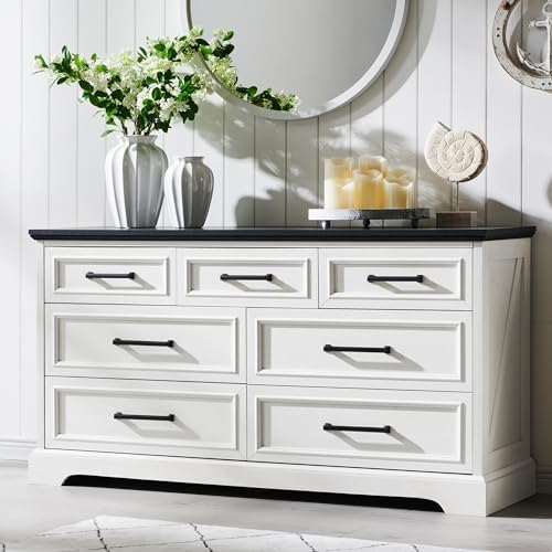 ACCOHOHO 7 Drawer Dresser, Farmhouse Chest of Drawers for Bedroom, 52" Wide Dresser TV Stand with Large Metal Handles, Wood Drawer Organizer for Living Room, Hallway - Off White