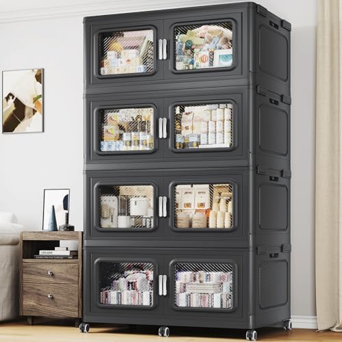 BROVIEW 880 Qt Stackable Storage Bin with Lid, 220Gal Extra Large Collapsible Storage Boxes, Folding Plastic Drawer, Heavy-Duty Store Cabinet, Closet Organizer for Home Kitchen, 4 Pack Black