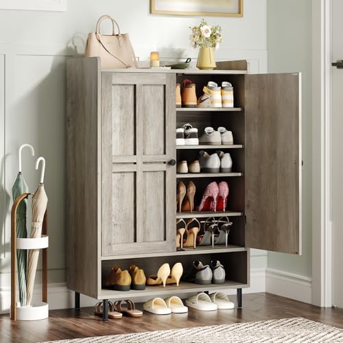 ONBRILL Shoe Cabinet with Cross Molding Doors, 6-Tier Shoe Storage Cabinet with 3 Adjustable Shelves and Metal Legs, 45'' Tall Shoes Rack Organizer Cabinet for Entryway, Front Door, Gray Wash