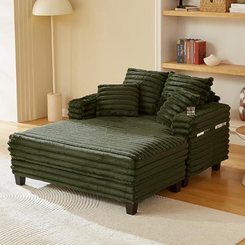 Chaise Lounge Chair Indoor, Amsleekey 64" Oversized Sleeper Chair with Wood Frame, Upholstered Sofa Bed for Living Room, Movie Room, Bedroom with 4 Storage Pockets&2 Cup Holders(Plush Corduroy, Green)