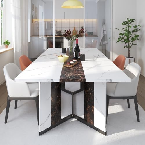 71 Inch Dining Table for 6 People,Modern White Rectangular Kitchen Table W/Waterproof Wood Tabletop,Farmhouse Long Dining Room Tables W/Adjustable Legs&Metal Frame for Kitchen Living Room