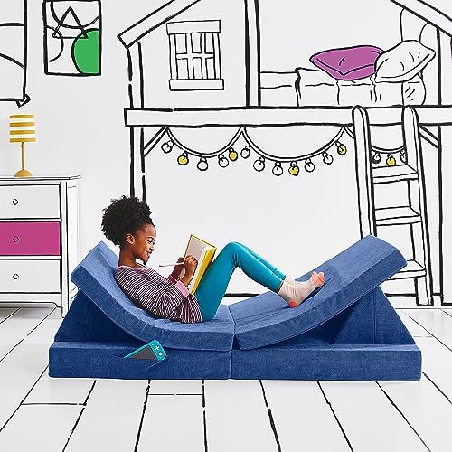 Yourigami Kids and Toddler Play Couch, Convertible Folding Sofa, Durable Foam Modular Design, Sapphire Caves XL