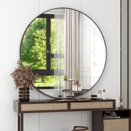 48 Inch Round Bathroom Mirror - Black Wall Mounted Circle Mirror with Metal Frame, Modern Round Hanging Mirror Suitable for Bathroom, Vanity, Entryway, Living Room