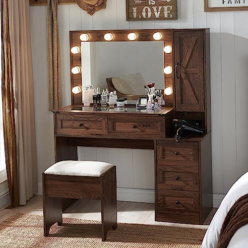 JXQTLINGMU Farmhouse Vanity Makeup Desk with Charging Station, 43" W Vanity Desk with Lights Mirror and Drawers for Makeup, Big Modern Makeup Table Set with Stool for Bedroom, Brown