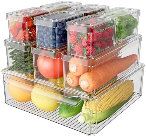10 Pack Refrigerator Organizer Bins Stackable with Lids, Clear Fridge Organizers and Storage, Kitchen Organizer Storage Containers for Fruit, Produce, Food, Vegetables