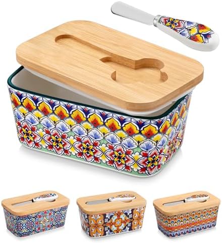 vancasso SIMI Butter Dish with Lid, 6.5" Large Butter Dish for Countertop, Bohemian Ceramic Butter Keeper Container with Knife and Bamboo Lid, Butter Holder for Counter, Golden Bloom