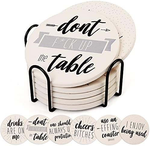 LotFancy 6PCS Ceramic Coasters with Cork Base, Round Coasters with 6 Humorous Sayings, Non-Slip, Bar Room Decor, Housewarming Gift