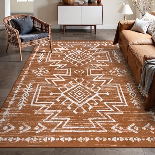 Lahome 8x10 Boho Rugs for Living Room, Washable Western Burnt Orange Large Area Rug for Bedroom Dining Room, Soft Stain Resistant Aztec Carpet Fall Rug for Guestroom Office