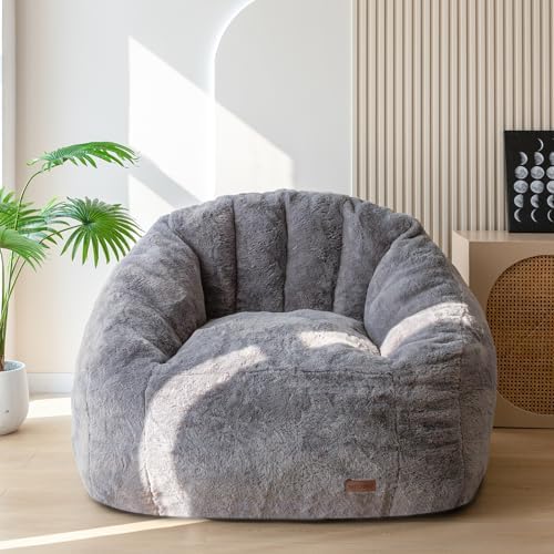 MAXYOYO Giant Bean Bag Chair, Oversized Bean Bag Couch for Adults and Kids, Faux Fur Shell-Shaped Large Chair with Filler, Stuffed Big Accent Sofa Lounge Floor Sofa for Gaming, Reading, Dark Grey