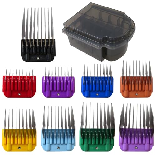 Animal Stainless Steel Attachment 9 Color Guide Comb Set, Compatible for Andis/Oster A5/ Wahl KM Series Clipper Detachable Blade Pet, Dog, Cat, and Horse Clippers