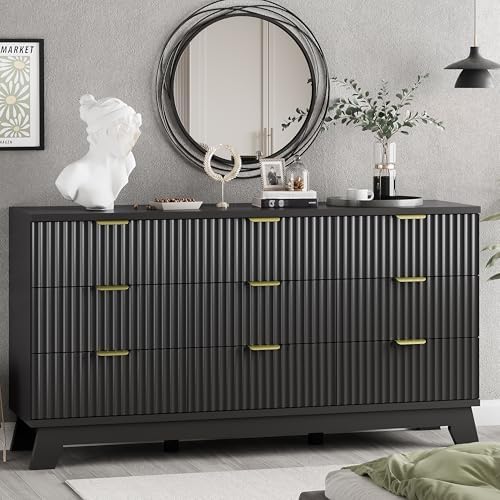 Fluted Dresser for Bedroom with 9 Drawers, 57" Wide Chest of Drawers with Metal Handle, Modern Wood Dresser TV Stand, Wooden Closet Clothes Storage Organizer for Living Room, Hallway, Black