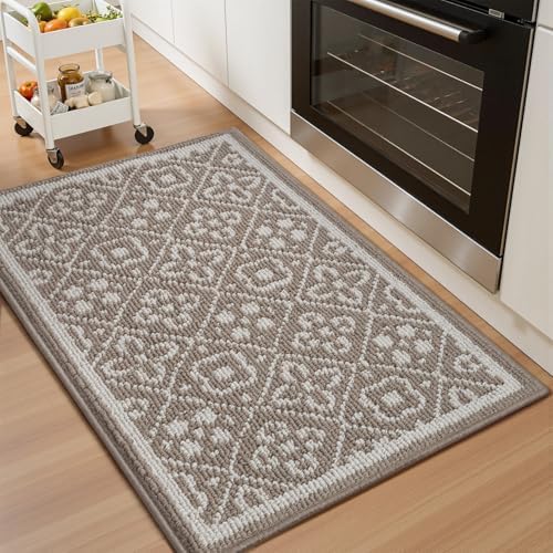 AMOAMI Kitchen Mats for Floor, Absorbent Kitchen Rugs Non Slip Washable Kitchen Mat, Durable Polypropylene Kitchen Runner Rug TPR Backed, Floral Kitchen Floor Mat Front of Sink 20"x32" Beige