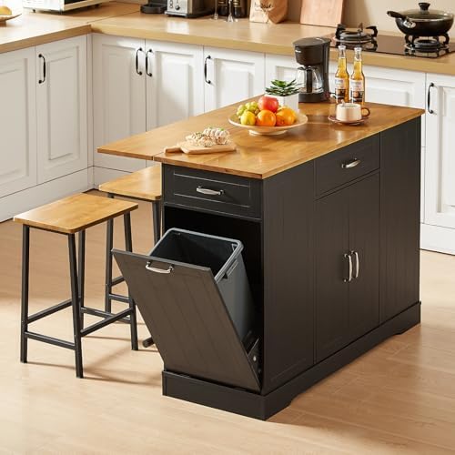 ONBRILL Stationary Kitchen Islands Include 2 Chairs, 47" Kitchen Island with Drop Leaf, Home Bar Table with Spice Rack & with Trash Cabinet, Island Table for Dining Room with Power Outlet, Black