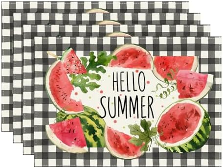 Hello Summer Black and White Buffalo Plaid Watermelons Placemats Set of 4 Table Mats 12x18 Inch