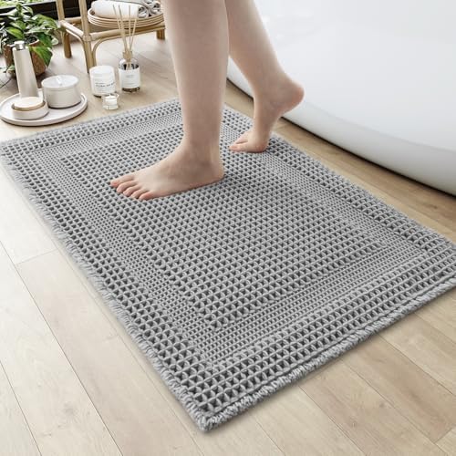AMOAMI Waffle Bath-Mat, Absorbent Bath Mats for Bathroom Non Slip, Machine Washable Bathroom Rugs with Tassels Ultra Soft Boho Bath Rugs for Floor 17"x24" Grey