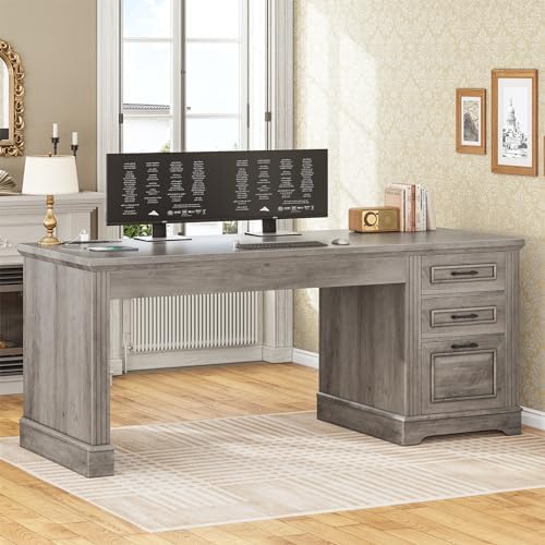 SEDETA Executive Office Desk with 3 Drawers, Farmhouse 55" Computer Desk with Storage File Drawers & Power Outlet for Home Office, Grey