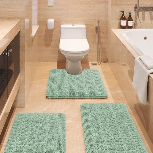 ACCUMTEK Striped Sage Green Bathroom Rug Set 3 Pieces Ultra Soft, Non Slip Chenille Toilet Mat, Absorbent Plush Shaggy Bath Mats for Bathroom, Bedroom, Kitchen