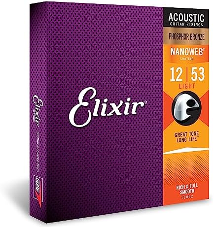 Elixir Strings, Acoustic Guitar Strings, Phosphor Bronze with NANOWEB Coating, Longest-Lasting Rich and Full Tone with Comfortable Feel, 6 String Set, Light 12-53
