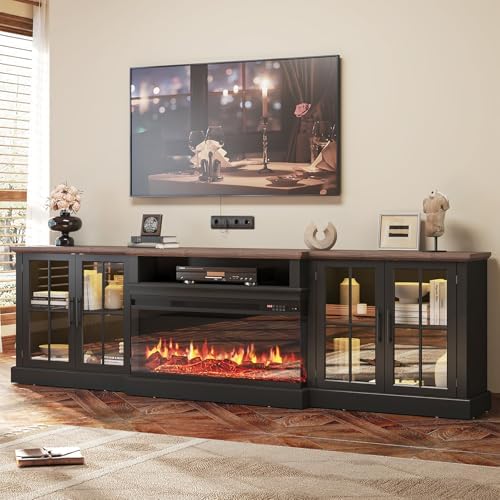 98" Farmhouse TV Stand with 36" Fireplace for TVs up to 100", Media Entertainment Center with Adjustable Shelves and Large Storage Cabinets, for Living Room, Black & Black