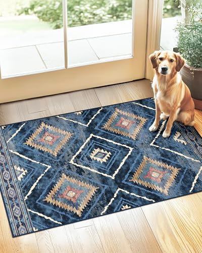 Area Rug 2x3 Rug Machine Washable Non-Slip Low Pile Print Pattern Western Rug for Living Room Bedroom Entryway Tribal Series -Darkblue