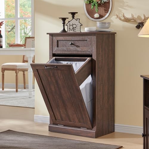 Tilt Out Trash Can Cabinet, 10 Gallon Farmhouse Laundry Hamper Cabinet with Drawer, Hidden Wooden Trash Garbage Can Bin with Storage Basket for Kitchen, Living Room (Brown)