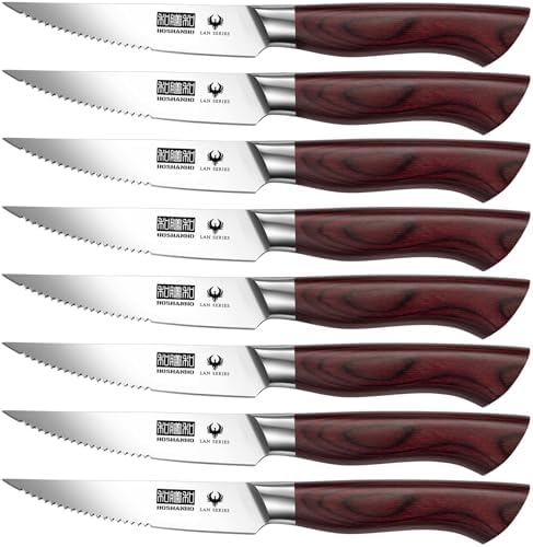 Steak Knife Set 8 Pieces, 4.5 Inch Super Sharp High Carbon Stainless Steel Steak Knife Set, Professional Premium Serrated Precise Cutting with Ergonomic Wood Handle