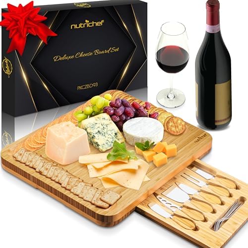 NutriChef 13" Round Bamboo Charcuterie Board Set—Extra Large Organic Cheese Platter with Magnetic Sliding Lid, 6 Stainless Steel Knives & Forks, and Premium Gift Box
