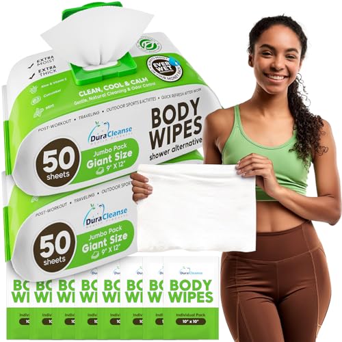 Body Wipes for Women, Extra Moist No Rinse Bathing Wipes (2pk), 100 XL Shower Cloths + 8 Deodorizing Bath Cloths - 9"x12" Travel Size After Gym Cleaning Essentials, Toiletries for Womens Hygiene