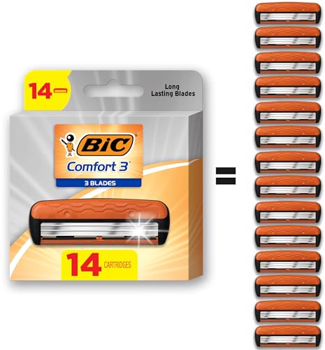 BIC Comfort 3 Refillable Refill Razor Cartridges, Three-Blade Disposable Razors for Men, Sensitive Skin Razor for a Comfortable Shave, 14 Razor Refill Cartridges