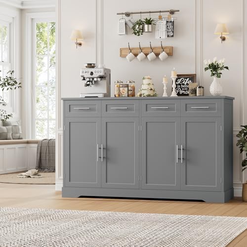 HOSTACK 60" Large Buffet Sideboard with Storage, 36" Tall Kitchen Buffet Storage Cabinet with 4 Drawers, Modern Coffee Bar Cabinet with Gold Handles, Long Sideboard Buffet Table for Kichen, Grey